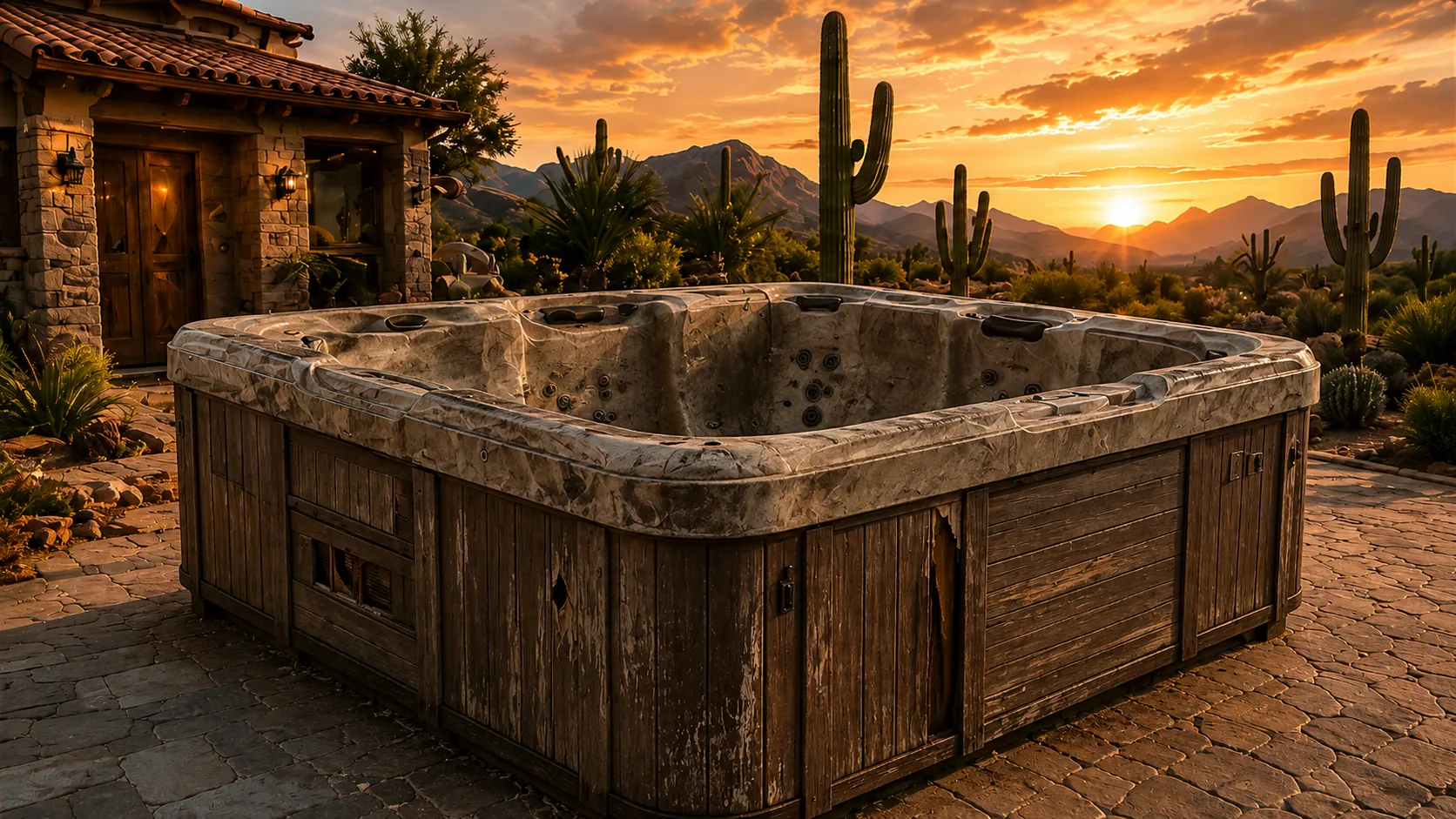Weathered outdoor hot tub in the Tucson desert at sunset